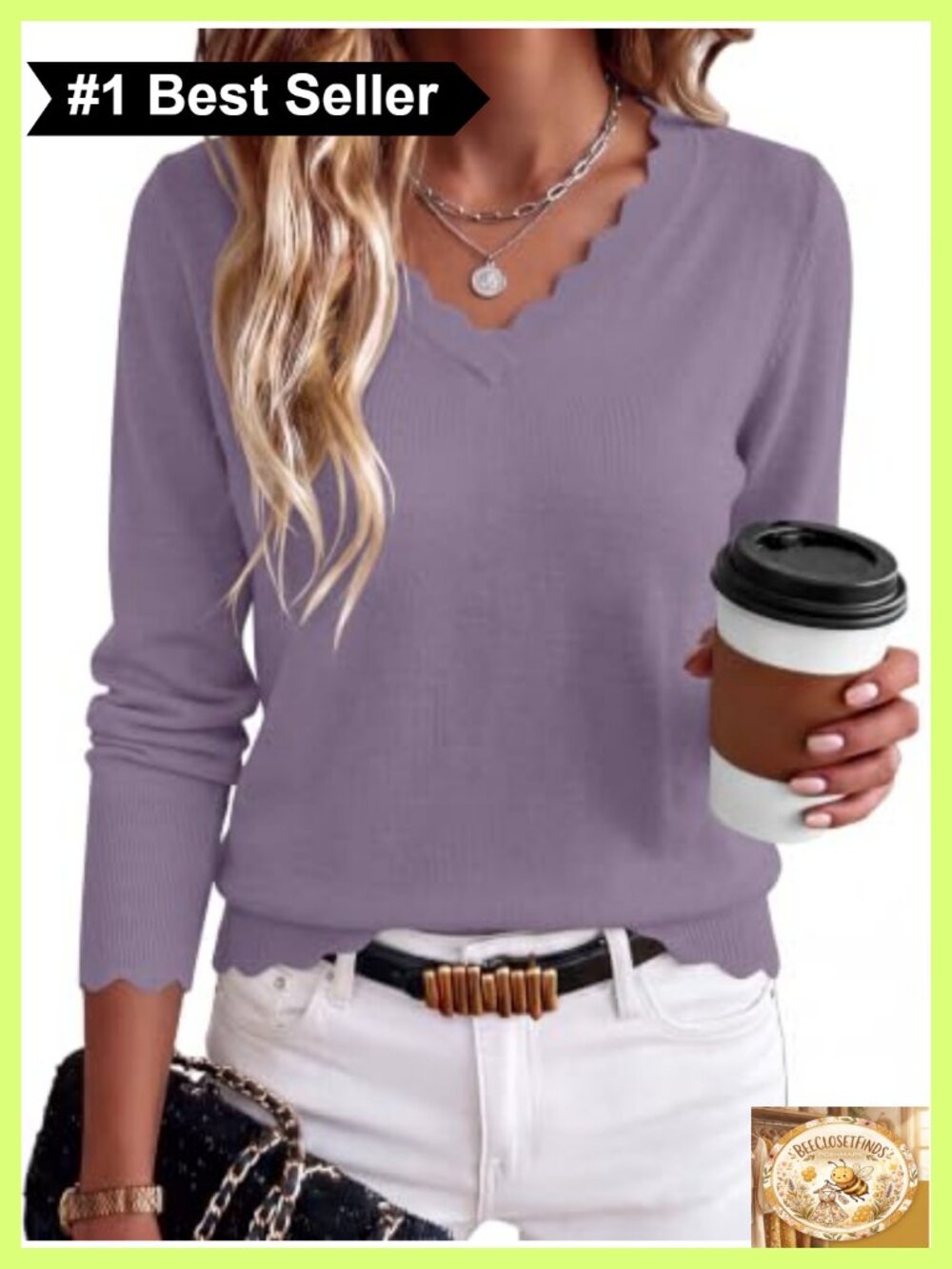 Lightweight Scalloped Trim V-Neck Knit Pullover Sweater